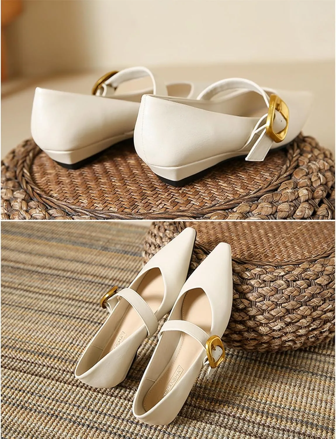 Women's Leather Closed Pointed Toe Mary Jane Flat Shoes Adjustable Buckle Slip On Comfortable Ballet Flats Casual Work Wedding Party Dress Shoes
