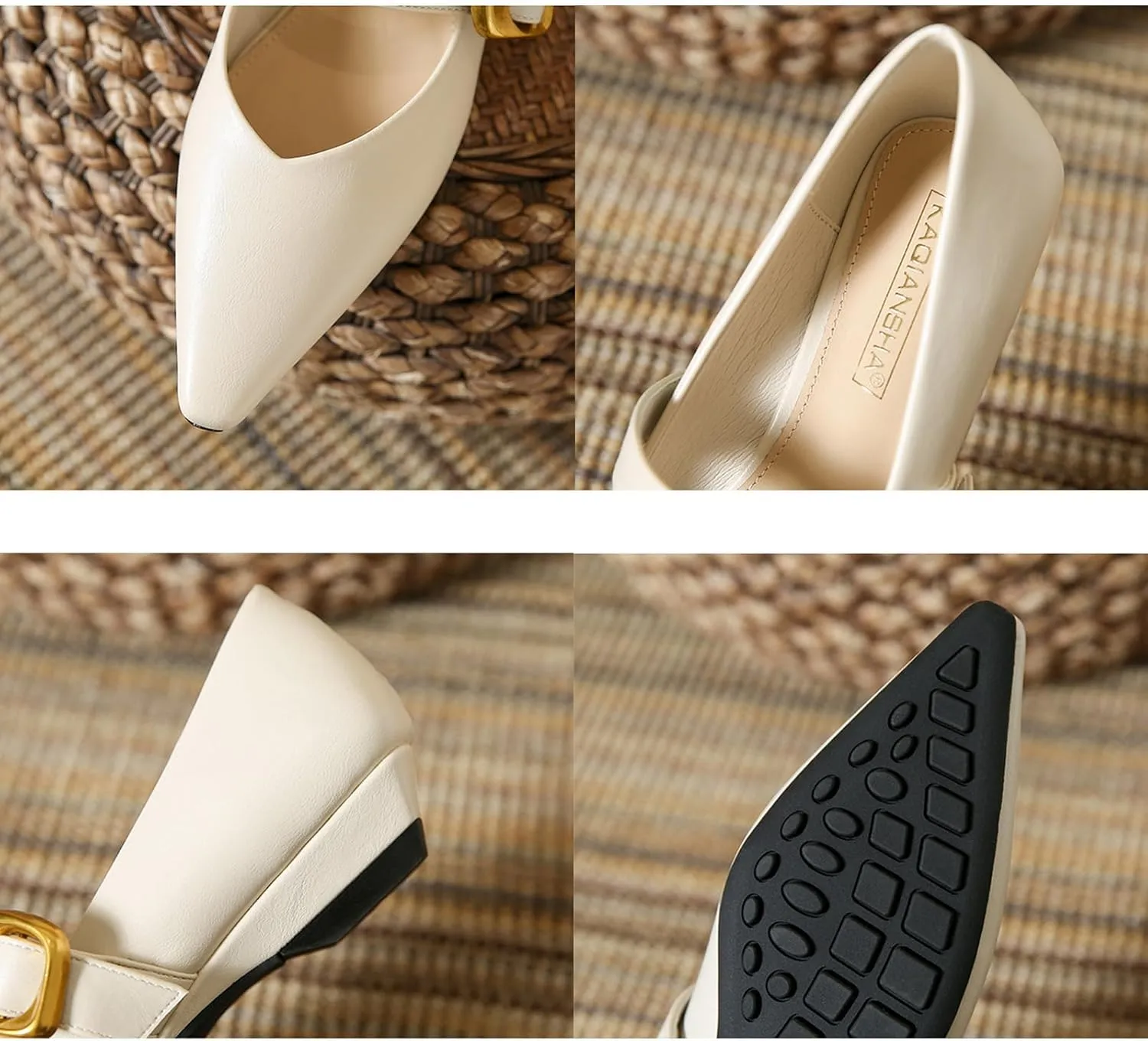 Women's Leather Closed Pointed Toe Mary Jane Flat Shoes Adjustable Buckle Slip On Comfortable Ballet Flats Casual Work Wedding Party Dress Shoes