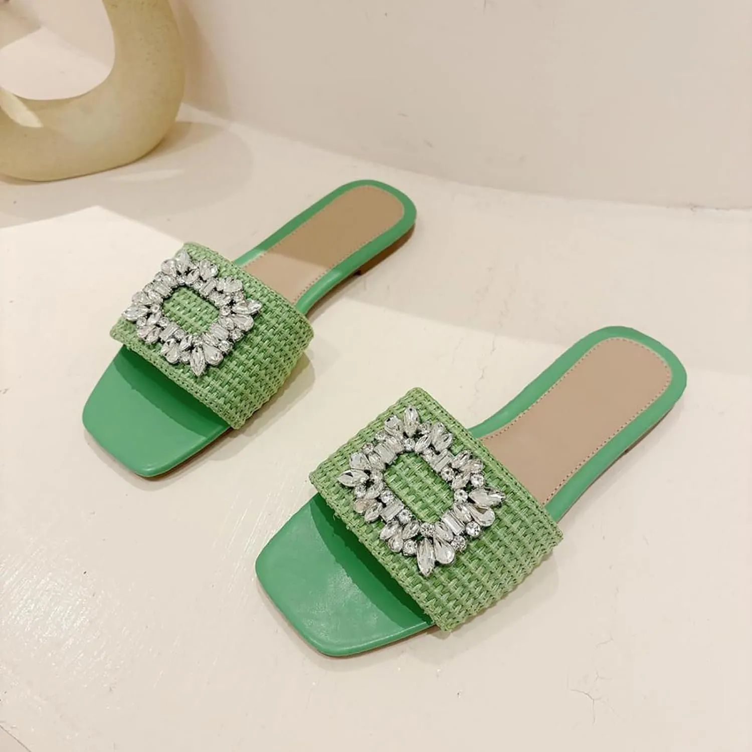 Women's Rhinestones Weave Wide Width Flat Slides Sandals Fashion Comfortable Open Toe Slip On Summer Walking Slippers for Indoor Outdoor Beach Daily Wear