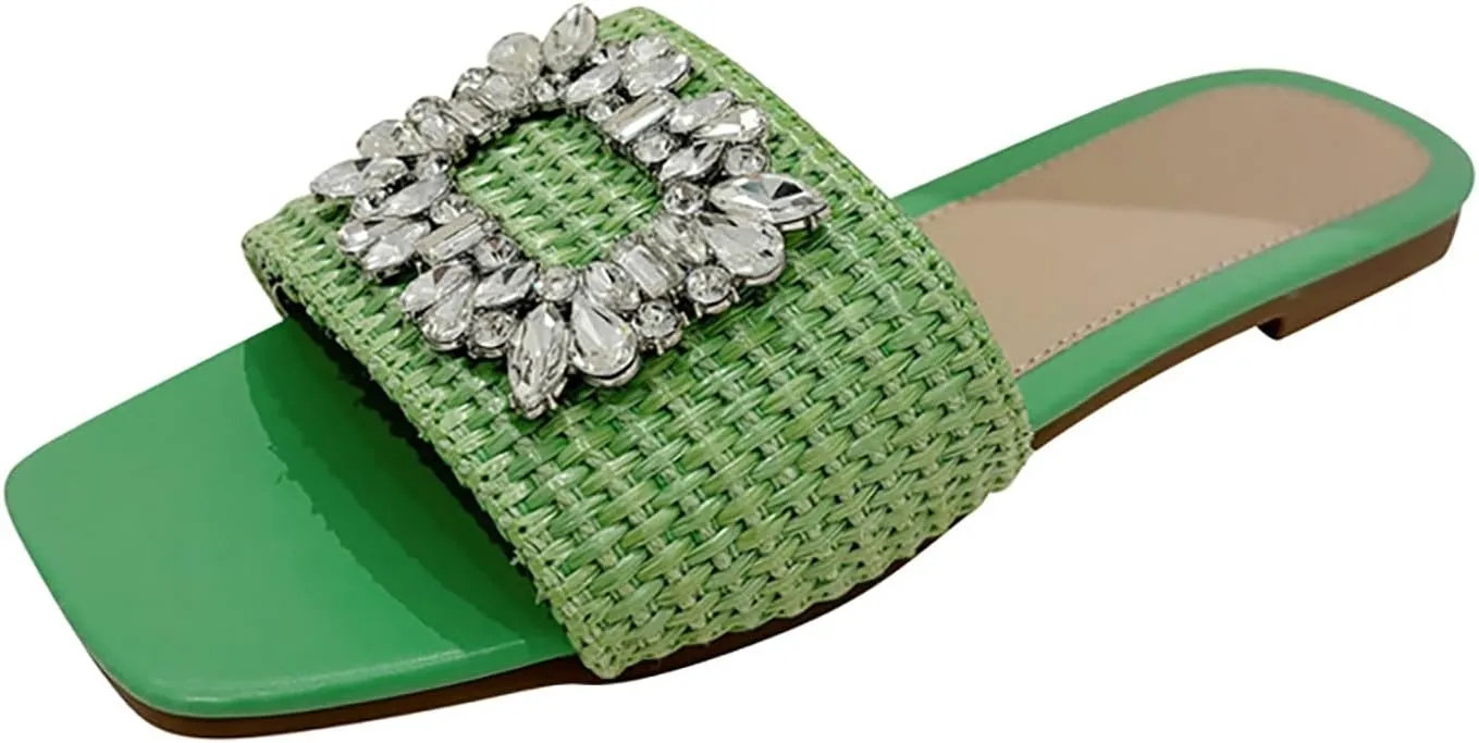 Women's Rhinestones Weave Wide Width Flat Slides Sandals Fashion Comfortable Open Toe Slip On Summer Walking Slippers for Indoor Outdoor Beach Daily Wear