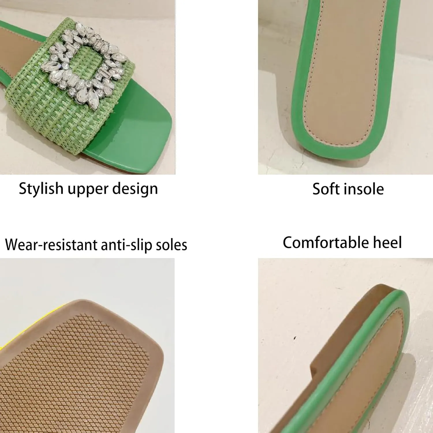Women's Rhinestones Weave Wide Width Flat Slides Sandals Fashion Comfortable Open Toe Slip On Summer Walking Slippers for Indoor Outdoor Beach Daily Wear