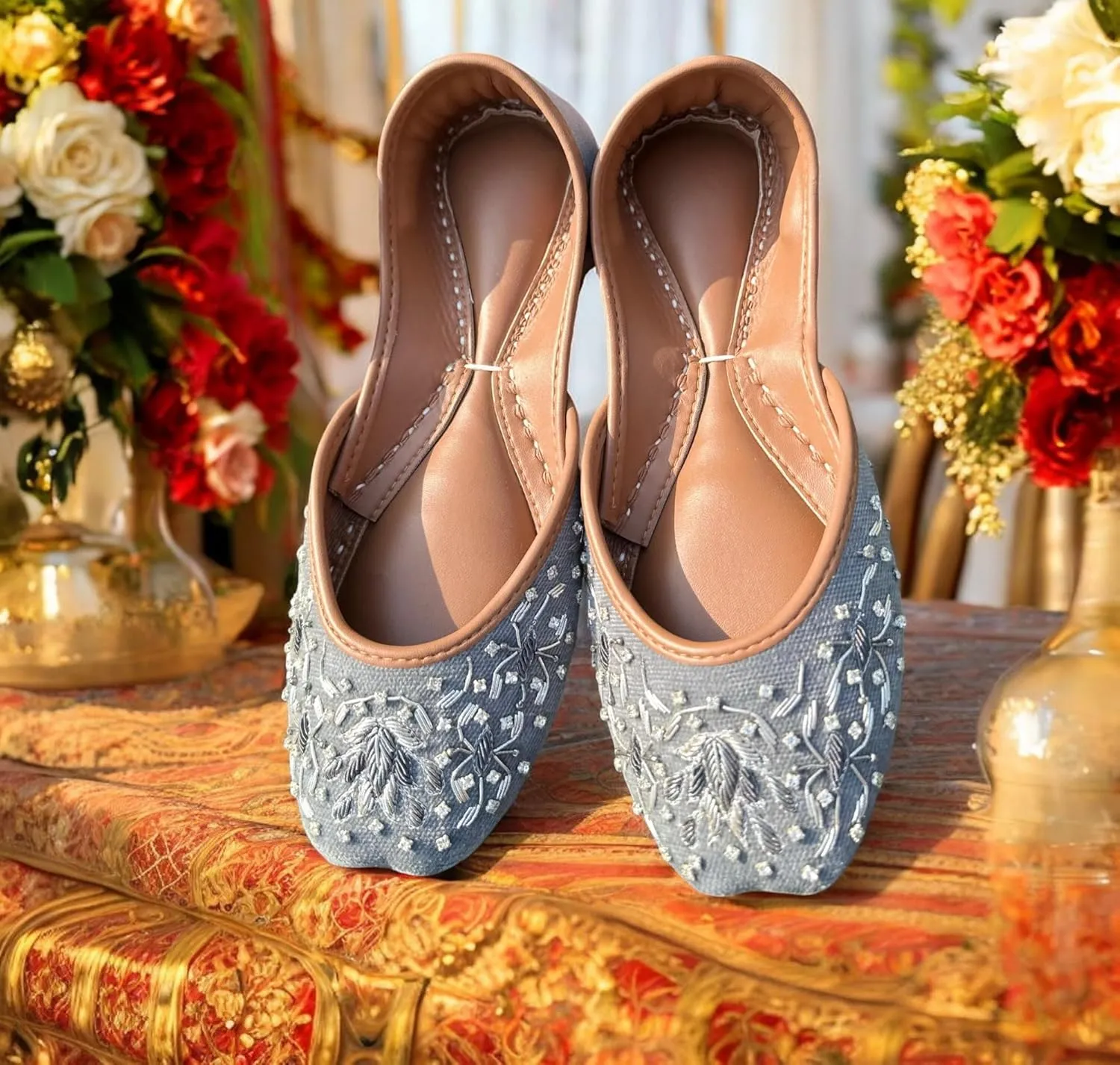 Women's Slip On Traditional Handmade Khussa Bridal Mojari Punjabi Jutti Ethnic Ballet Flats