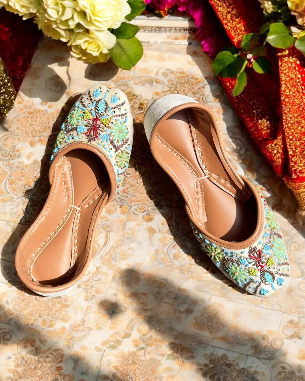 Women's Slip On Traditional Handmade Khussa Bridal Mojari Punjabi Jutti Ethnic Ballet Flats