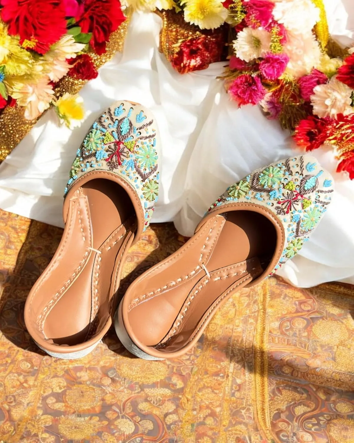 Women's Slip On Traditional Handmade Khussa Bridal Mojari Punjabi Jutti Ethnic Ballet Flats