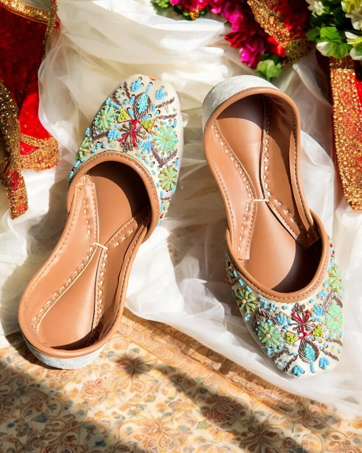 Women's Slip On Traditional Handmade Khussa Bridal Mojari Punjabi Jutti Ethnic Ballet Flats
