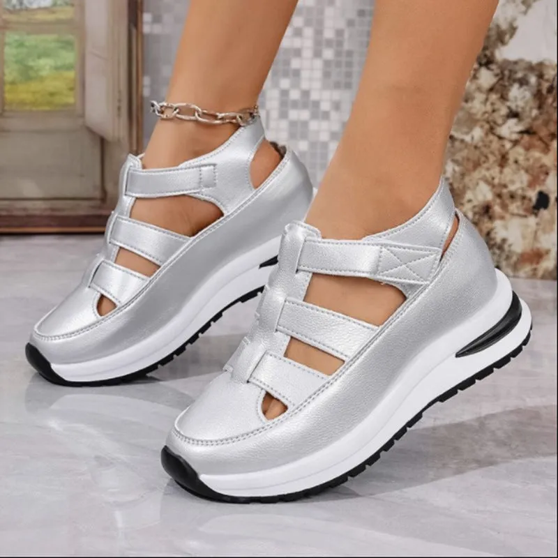 Womens Wedge Sandals  Closed Toe  Cut-Out Upper  Velcro Strap  Platform Sole