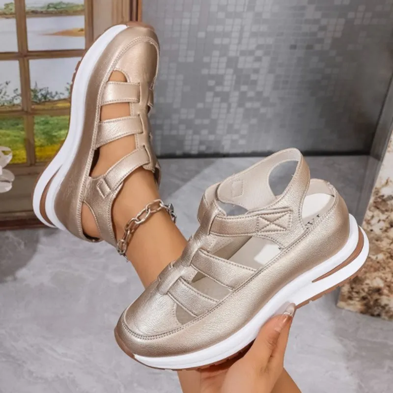 Womens Wedge Sandals  Closed Toe  Cut-Out Upper  Velcro Strap  Platform Sole