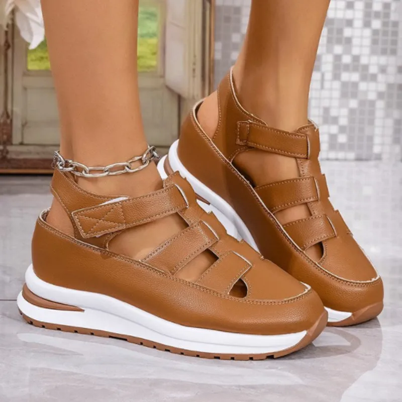 Womens Wedge Sandals  Closed Toe  Cut-Out Upper  Velcro Strap  Platform Sole