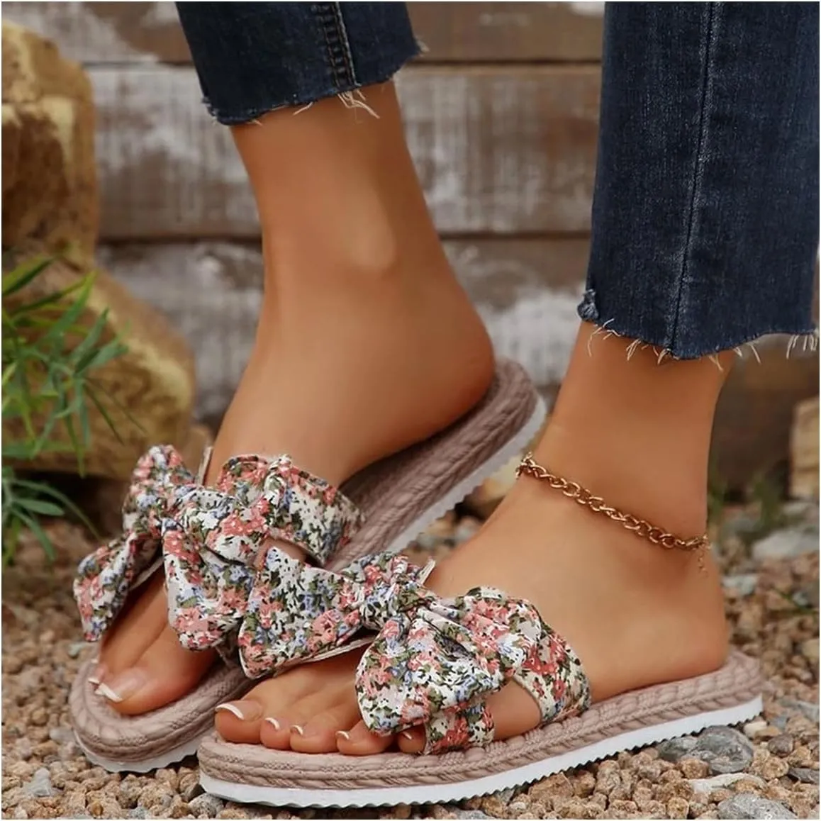 Women's Women's Floral Bowknot Flat Sandals Open Toe Slip On Casual Beach Vacation Slides Sandal