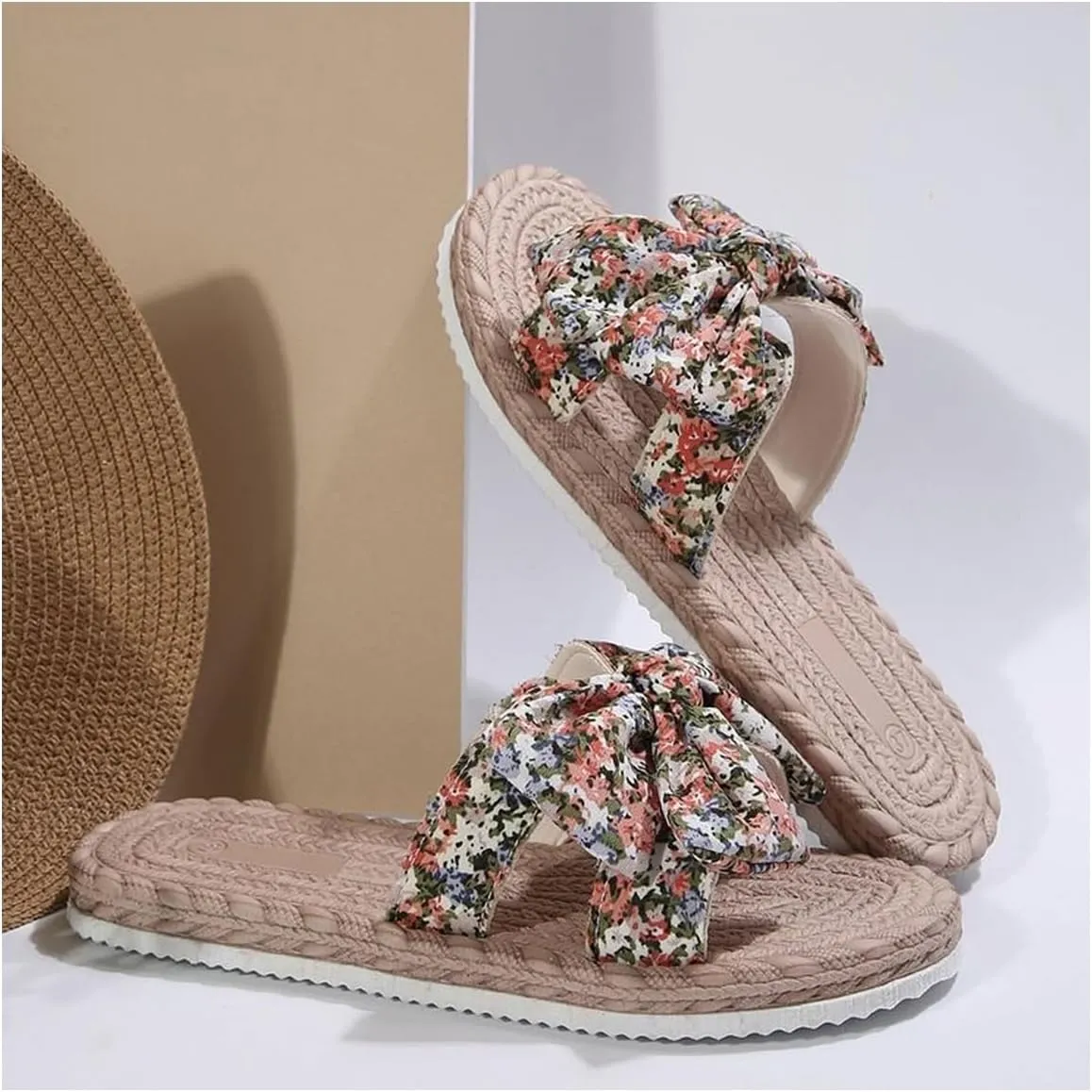 Women's Women's Floral Bowknot Flat Sandals Open Toe Slip On Casual Beach Vacation Slides Sandal
