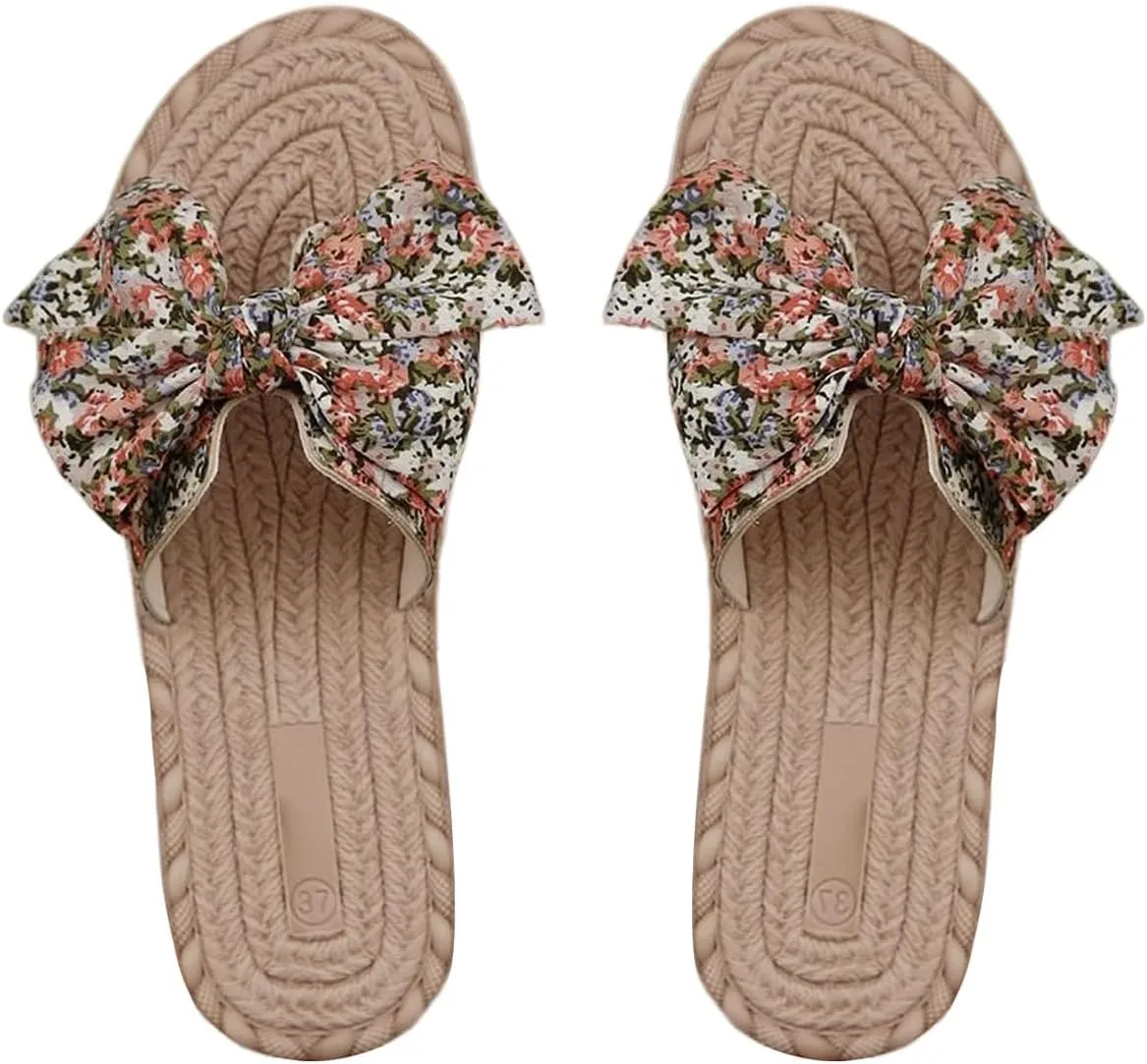 Women's Women's Floral Bowknot Flat Sandals Open Toe Slip On Casual Beach Vacation Slides Sandal